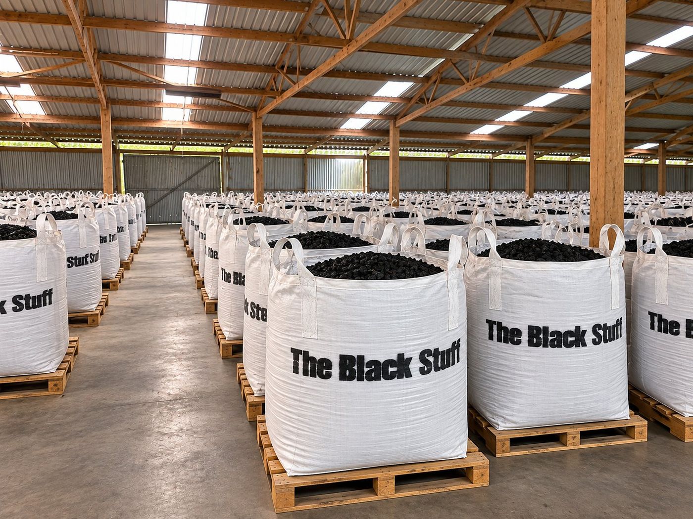 Bulk bags of The Black Stuff stored under cover at Glen Allyn