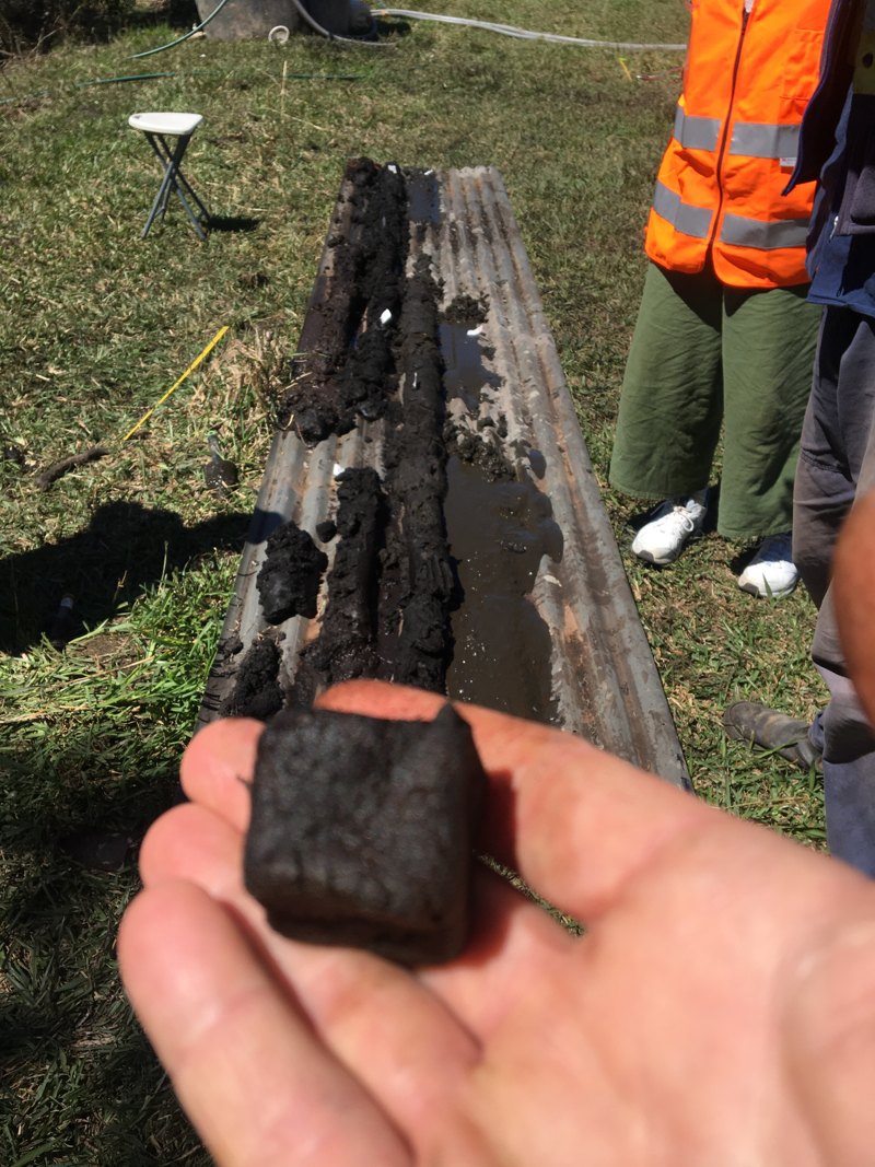 A core sample of humate from the Krakatoa deposit held in the hand